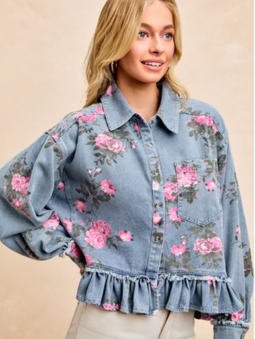 BiBi Peplum Floral Print Denim Button Down Top in Washed Denim
